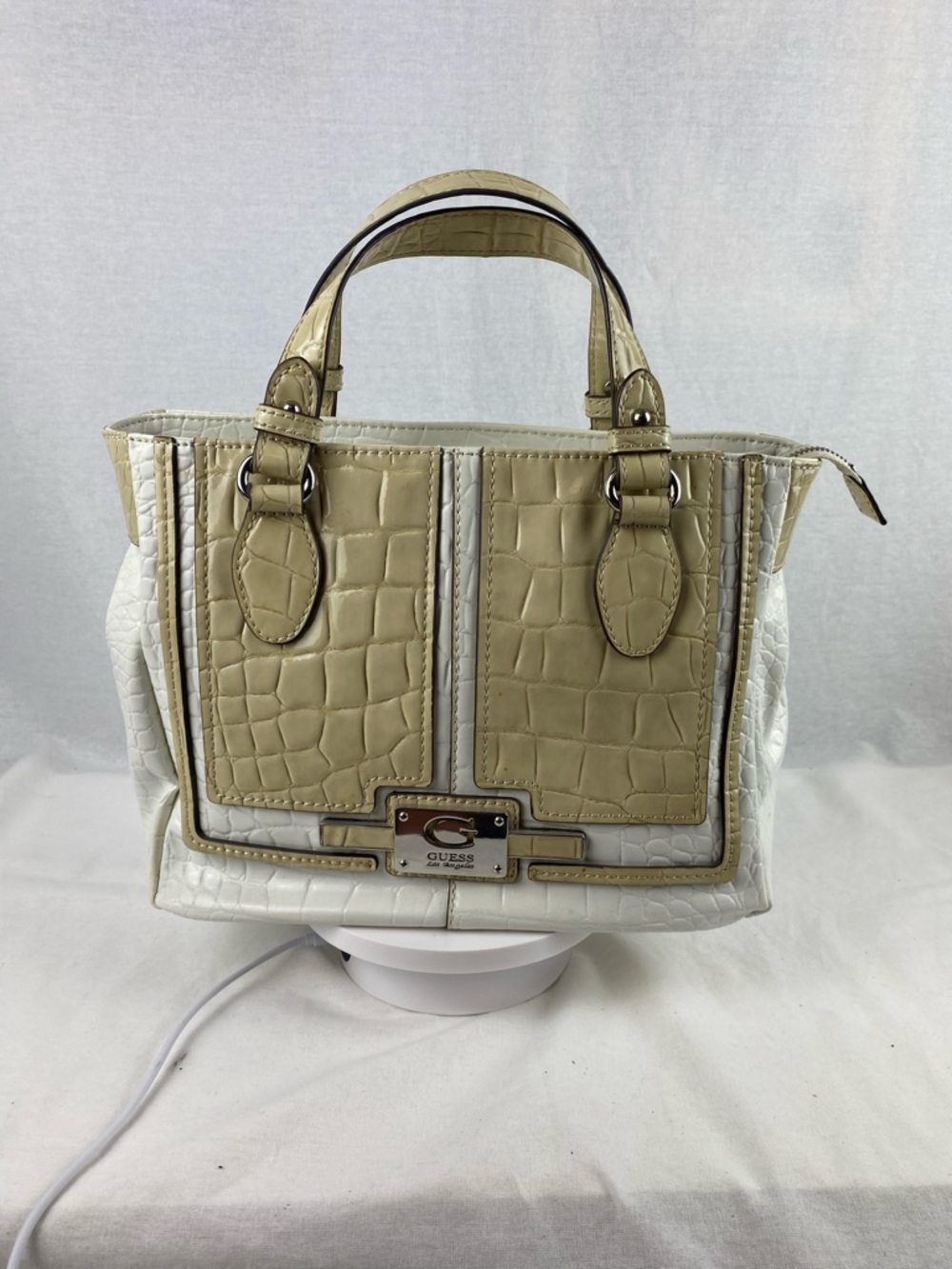 GUESS Two-Tone Cream & White Croc-Embossed Satchel with Top Handles